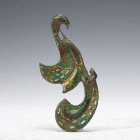 A GOLD AND SILVER INLAID BRONZE PHOENIX BELTHOOK