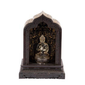 A CARVED ROCK CRYSTAL SEATED BUDDHA WITH ROSEWOOD ZITAN SHRINE
