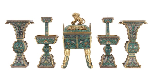 A SET OF FIVE VERY RARE CLOISONNE ENAMEL ALTER EMBLEMS