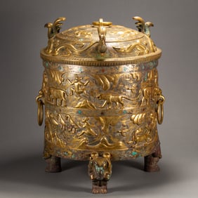 A HARDSTONES INLAID BRONZE PARTLY GILT JAR WITH COVER ZUN