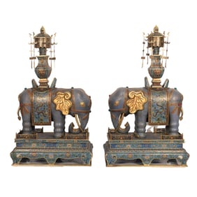 PAIR IMPORTANT CLOISONNE ENAMEL VASE ON ELEPHANT