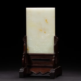 A CARVED WHITE JADE INLAID WOODEN TABLE SCREEN