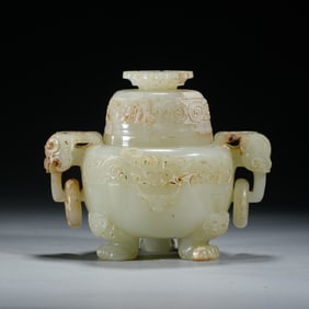 A CARVED WHITE JADE TRIPOD CENSER WITH COVER