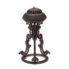 A CHINESE IMPERIAL HARDSTONES INLAID ROSEWOOD ZITAN INCENSE HOLDERS