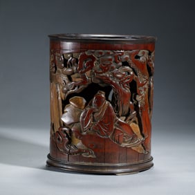 A CARVED BAMBOO FIGURAL STORY BRUSHPOT