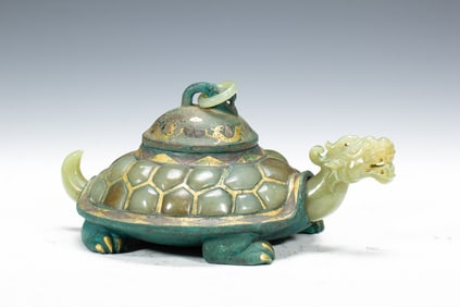 A JADE INLAID BRONZE TORTOISE WITH COVER