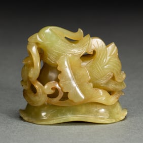A CARVED YELLOW JADE MANDARINE DUCK HAT FINIAL