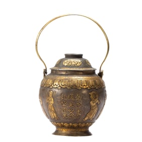 A BRONZE SILVER AND GOLD PLATED EWER WITH COVER