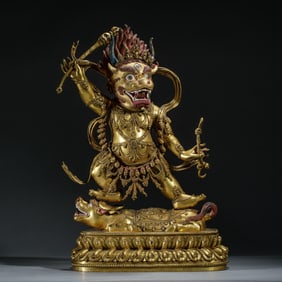 A SINO-TIBETAN BRONZE-GILT FIGURE OF YAMANTAKA