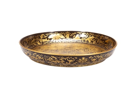 A GOLD PAINTED LACQUER LOTUS SCROLLS DISH