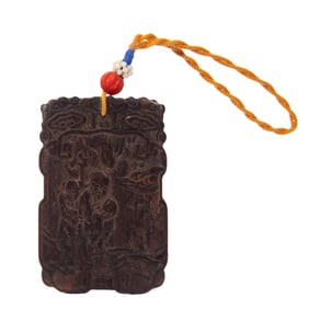 A CARVED ALOES WOOD CHENXIANG FIGURAL STORY PLAQUE