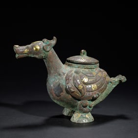 A RARE GOLD AND SILVER INLAID BRONZE MYTHICAL BIRD VESSEL