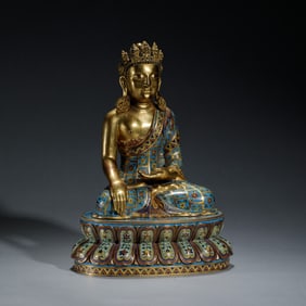 A BRONZE-GILT CLOISONNE ENAMEL SEATED CROWN BUDDHA
