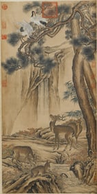 A CHINESE PAINTING OF DEERS SIGNED LANG SHINING