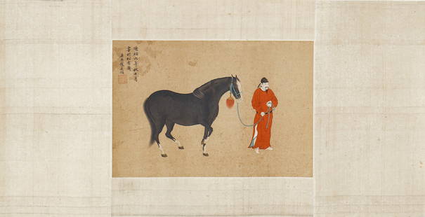 A CHINESE PAINTING OF RARE HORSE WITH GROOM SIGNED ZHAO MENGFU: A CHINESE PAINTING OF RARE HORSE WITH GROOM SIGNED ZHAO MENGFU The painting depicting rare horse, mounted, ink and color on paper, inscribed and signed Zhao Mengfu, with seal of artist. Dimension: Ima