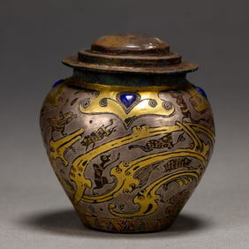 A HARDSTONES INLAID GOLD AND SILVER DECORATED BRONZE JAR