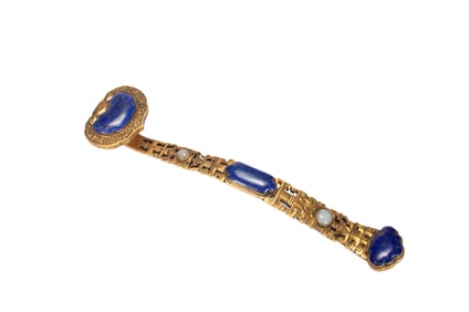 A HARDSTONES INLAID BRONZE-GILT RUYI SCEPTER