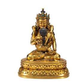 A HARDSTONES INLAID BRONZE-GILT VAJRASATTVA
