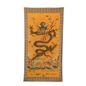 A KESI-EMBROIDERED PEACOCK FEATHER DECORATED DRAGON HANGING PANEL