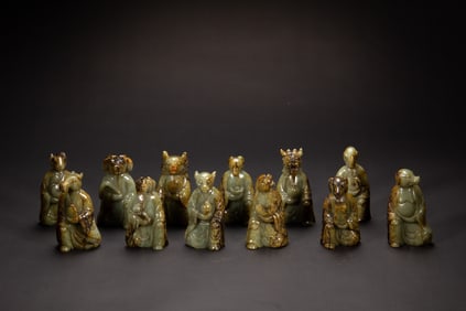 A VERY RARE COLLECTION OF CARVED JADE TWELVE ZODIAC ANIMALS