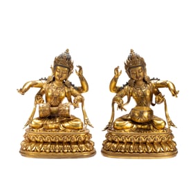 PAIR SINO-TIBETAN BRONZE-GILT APSARAS