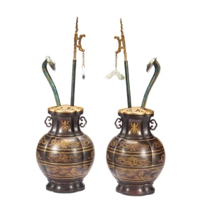 A RARE JADE INLAID CARVED ROSEWOOD ZITAN VASES