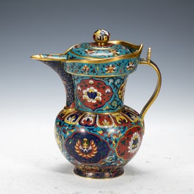 A CLOISONNE ENAMEL MING-STYLE MONKS CAP' EWER AND COVER