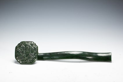 A CARVED SPINACH GREEN JADE RUYI SCEPTER