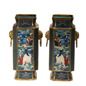 PAIR CLOISONNE ENAMEL IMMORTALS VASES