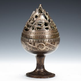 A GOLD AND SILVER INLAID BRONZE MOUNT SHAPE CENSER WITH COVER BOSHANLU