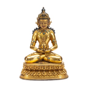 A HARDSTONES INLAID BRONZE-GILT AMITAYUS