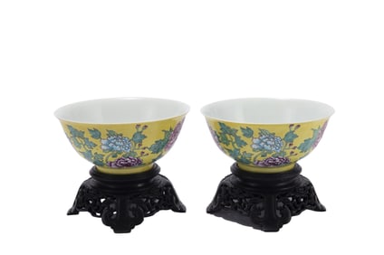 PAIR PAINTED ENAMEL PEONY BOWLS