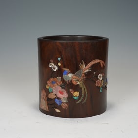 A HARDSTONES INLAID HUANGHUALI BRUSHPOT