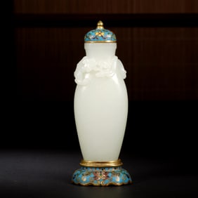 A CARVED WHITE JADE CHILONG VASE