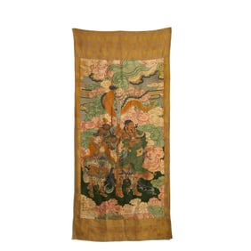A CHINESE EMBROIDERED THANGKA OF GUANDI
