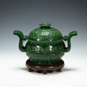 A FINE CARVED SPINACH GREEN JADE CENSER WITH COVER