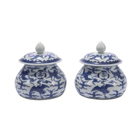 PAIR OF BLUE AND WHITE PORCELAIN LIDDED JARS