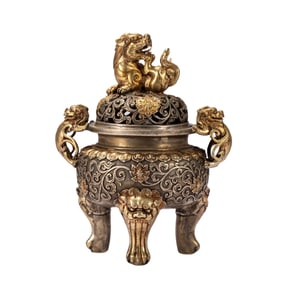 A BRONZE PARTLY GILT CENSER WITH COVER