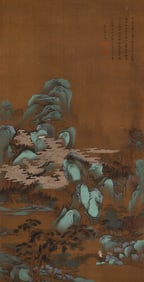 A CHINESE PAINTING OF BLUE LANDSCAPE SIGNED TANG YIN
