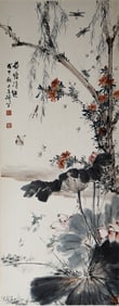 A CHINESE PAINTING OF SEASONAL FLOWERS SIGNED WANG XUETAO