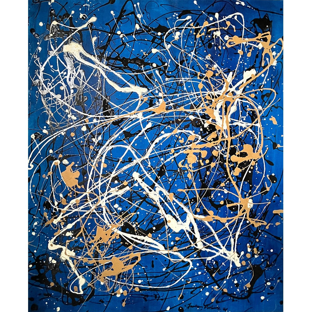 BLUE COMPOSITION SIGNED JACKSON POLLOCK: BLUE COMPOSITION SIGNED JACKSON POLLOCK Blue Composition signed 'Jackson Pollock' (lower right).Oil, enamel, aluminum paint on Canvas.An explosive maelstrom of raw color, Jackson Pollock’s blue comp