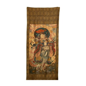 A CHINESE EMBROIDERED HANGING PANEL OF BUDDHIST GUARDIAN WEITUO PUSH