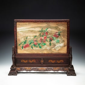 A HARDSTONES INLAID MARBLE HUANGHUALI TABLE SCREEN