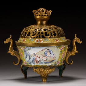 A PAINTED ENAMEL FIGURAL STORY CENSER WITH COVER