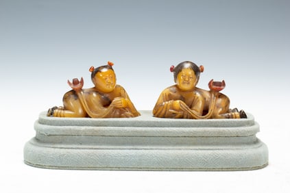 PAIR CARVED TIANHUANG HEHE IMMORTALS