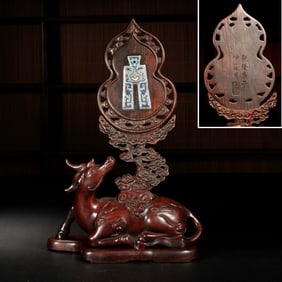 A CLOISONNE ENAMEL INLAID ANATTO-WOOD TABLE SCREEN