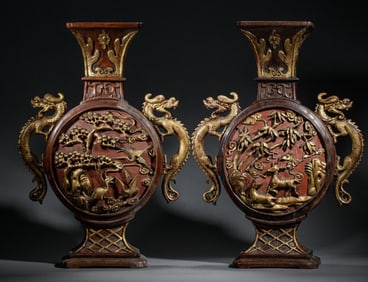 PAIR FINE CARVED ALOESWOOD MOON FLASK