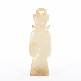A FINE AND RARE WHITE JADE FIGURAL AMULET PENDANT
