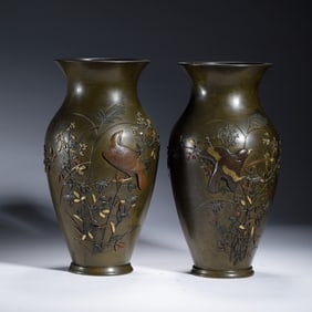 PAIR SILVER AND COPPER INLAID BRONZE VASES
