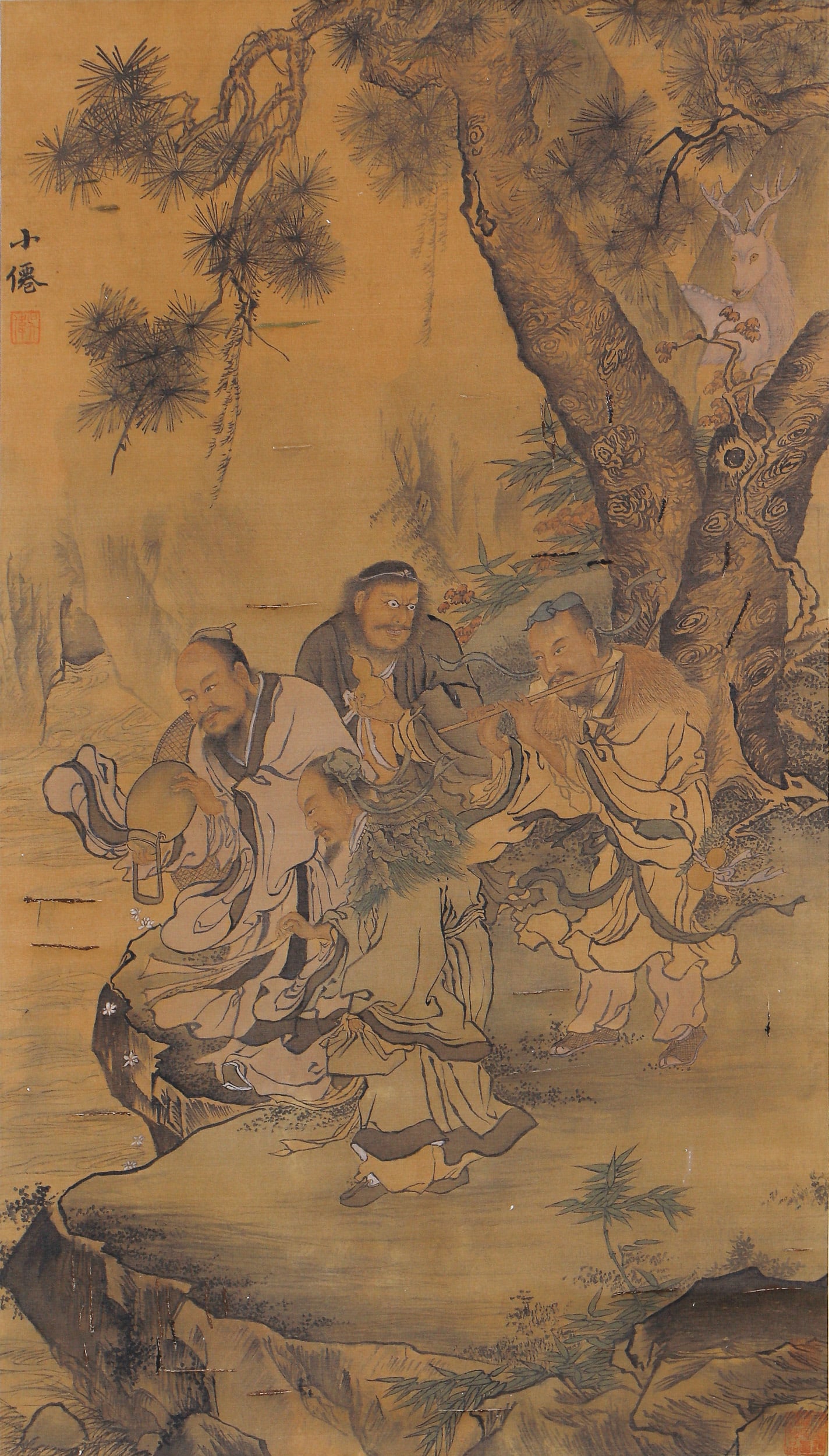A CHINESE PAINTING OF IMMORTALS SIGNED WUWEI: A CHINESE PAINTING OF IMMORTALS SIGNED WUWEI Painting Depicting immortals, hanging scroll, ink and color on satin, inscribed and signed Wu Wei, with seals of artist. Dimensions: Image only size 97 cm